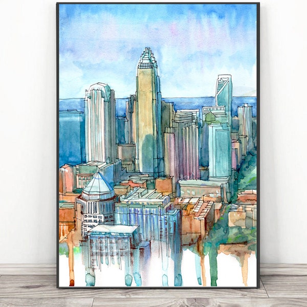 Charlotte nc print Skyline Art, Aquarelle abstraite paysage urbain, Caroline du Nord Affiche de voyage