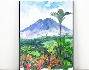 Costa rica Art, landscape Watercolor Painting,  palm tree print, Beach themed decor, Seascape,  by Valentina Ra