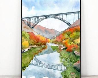 New River Gorge National Park Art Print Original Watercolor Painting: West Virginia Travel Poster