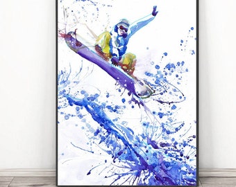 Art mural de snowboard, affiche de snowboard, impression d'art de sport, peinture à l'aquarelle, cadeau de snowboardeur, amateurs de sports d'hiver