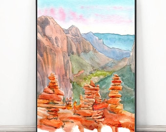 Zion National park Art Prnt, Utah Watercolor Painting Travel Poster, Hiking wall art