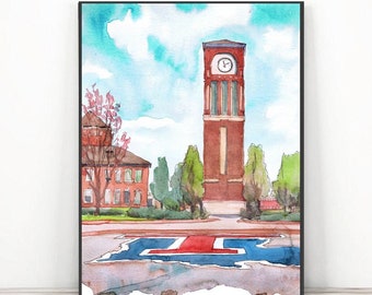 Louisiana  Tech university Art Print Painting, Ruston graduation Watercolor print Centennial Plaza Clock Tower Poster, La Tech wall art