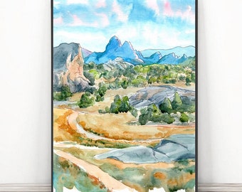 City of Rocks Idaho Art Print, Watercolor Landscape Painting, Mountain wall art National Reserve Travel Poster Rock climbing gifts