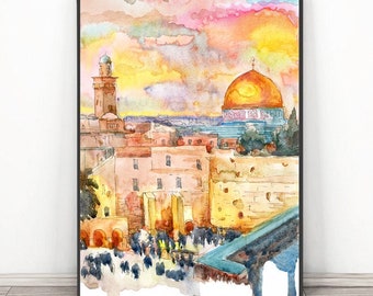 Jerusalem Gemälde Wand der Tränen Israel Wand Kunstdruck, Aquarell Asien Reise Poster - Jerusalem Stadtbild, Naher Osten Altstadt Druck