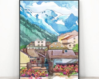 モンブラン山の壁アート、シャモニーの水彩画プリント、フランス