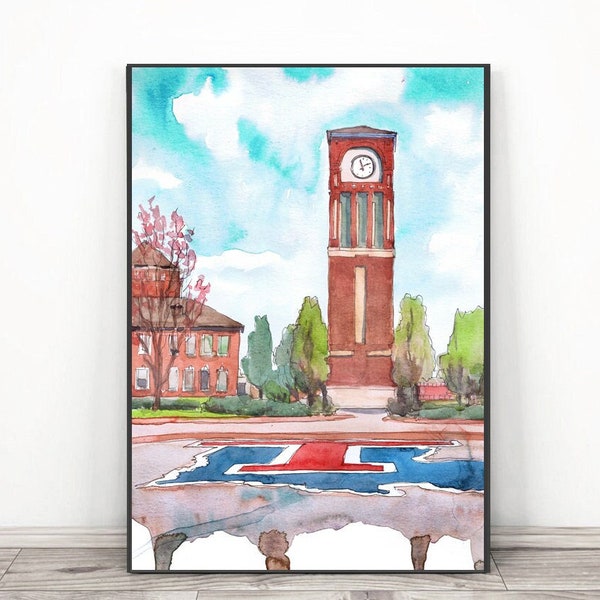 Louisiana Tech University Art Print Painting, Ruston graduation Aquarelle print Centennial Plaza Clock Tower Poster, La Tech wall art