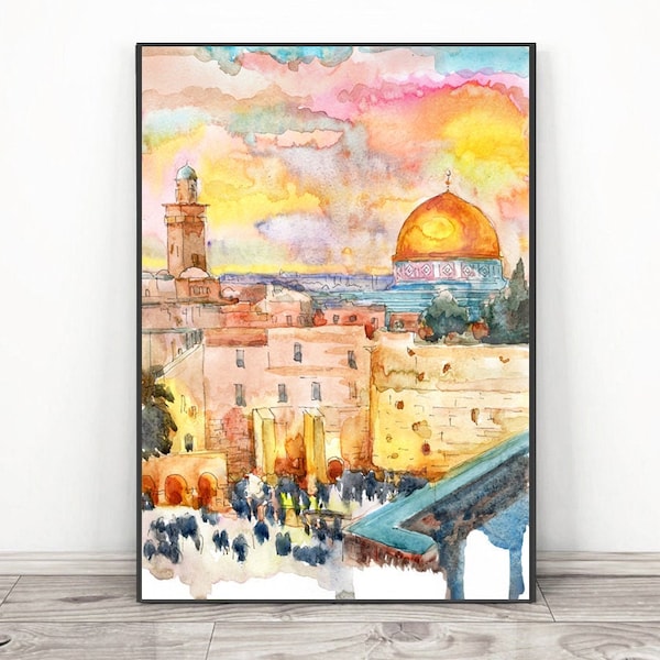 Jerusalem painting  Wall of Tears Israel Wall Art Print, Watercolor Asian Travel Poster - Jerusalem cityscape,  Middle east Old city print