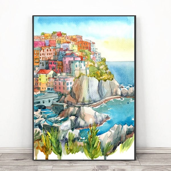 Cinque terre Art Print Manarola affiche Aquarelle Peinture, Italie Wall art Impression de ville européenne, Seascape Vibrant wall art