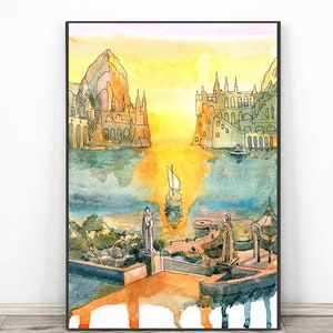 Fantastic city of Elves - Fantasy Art  Movie posters - Fantastic landscape Watercolor Painting jrr Travel  Print