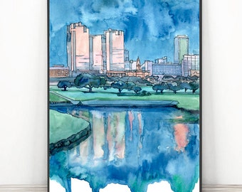 Fort Wort Kunstdruck, Texas Wall Art City Art Print Aquarell Skyline, Stadtbild Malerei