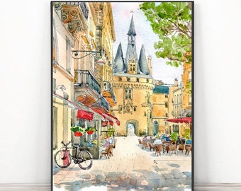 Bordeaux France Art Print Watercolor Old town Painting , European city travel poster, French art