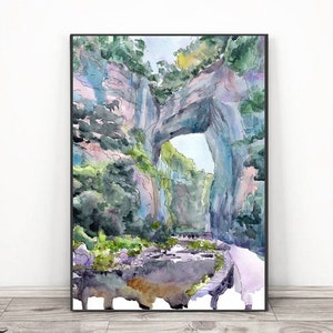Virginia Art Print, Natural bridge Watercolor Painting Travel Poster, Virginia James River Hiking wall art by Valentina Ra