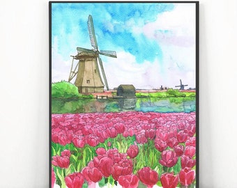 Tulip Fields Art Print, Dutch Landscape Watercolor Painting, Windmill Travel Poster