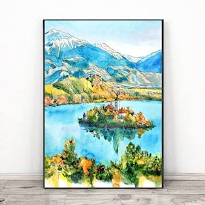 Bleder See Malerei Slowenien Kunstdruck Landschaft, Aquarell Reise Poster, Europa Wandkunst