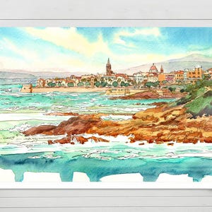 May include: Watercolor painting of a coastal town with a church steeple, buildings, and a shoreline. The artwork features a vibrant color palette of blues, greens, oranges, and yellows, capturing a scenic landscape.