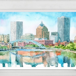 Impression aquarelle Rochester NY Skyline : art mural paysage urbain abstrait