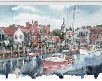 Newport Rhode island Print , Watercolor Painting Cityscape, Bowen's Wharf Travel Poster, City art print