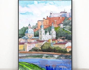 Salzburg Austria print - Watercolor painting European city print, Europe Skyline Abstract Cityscape wall art