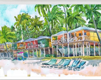 Jamaika Kunstdruck. Karibik Malerei, Palme Strand Wand Kunst Aquarell Landschaft, Meer Landschaft Küstenreise Poster von Valentina Ra