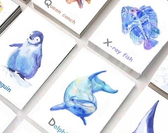 Sea Creatures ABC Flash Cards: Watercolor Ocean Animals Nursery Decor