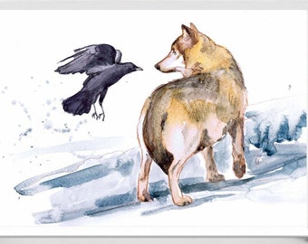 狼とカラスのアートプリント水彩画、精霊動物の絵画アート作品、狼と