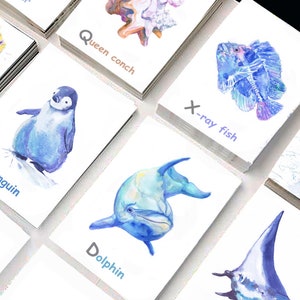 ABC Flash Cards Zeedieren Alfabet Oceaan Dieren Aquarel, Kinderkamerinrichting, nautische bruiloft tafelnummers