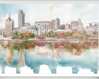 Albany NY Art Print Watercolor Painting, Сity Skyline Cityscape Wall Art