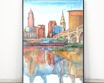 Cleveland  Skyline Wall Art Print  City Watercolor Painting, Ohio Landscape, Cityscape Travel Poster