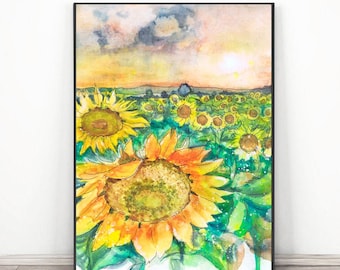 Sunflower art , Sunset fields Watercolor painting, Sunrise  Print, Lake house decor  by Valentina Ra