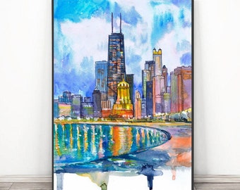 Impression d'art mural sur la ligne d'horizon de Chicago, aquarelle sur la ville, paysage, poster de voyage paysage urbain