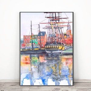 Baltimore Skyline Watercolor Painting,  Fells point Art Landscape,  Cityscape print by Valentina Ra