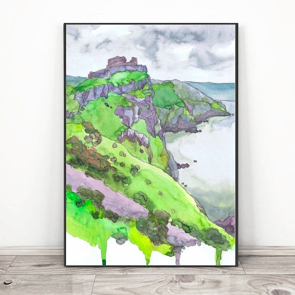 England Print Exmoor UK National Parks art, Watercolor Landscape Painting - Catbells travel poster