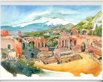 Taormina Sicilly Art Print Mt Etna Watercolor Painting, Italy city poster