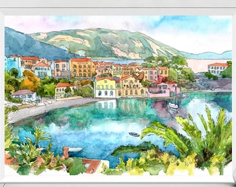 Kefalonia Art Print, Greek islands poster, Greece Painting Watercolor Landscape, Coastal wall art