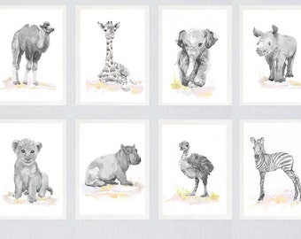 Neutral Nursery Set of 8 Prints Baby Animals Watercolor painting Girl  Nursery Decor Safari Art Watercolour Print  Gray Jungle Animal