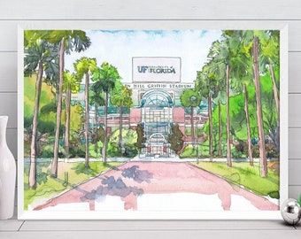 University of Florida Art, Stadium Watercolor Painting Print , uf wall art