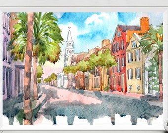 Charleston SC print , Rainbow row Print Watercolor Painting Cityscape South Carolina Travel Poster, city art print