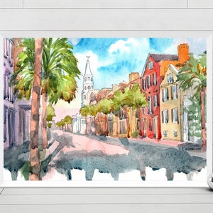 Charleston SC print , Rainbow row Print Watercolor Painting Cityscape South Carolina Travel Poster, city art print