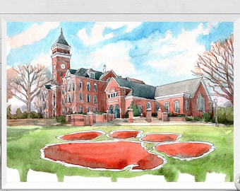 Impresión artística de la Universidad de Clemson, póster de acuarela de Tillman Hall, regalo de graduación, arte mural de Carolina del Sur