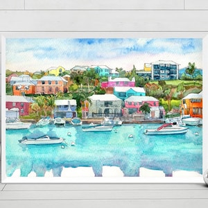 May include: Watercolor painting of a colorful waterfront scene with houses and boats. The houses are painted in bright colors, including pink, blue, yellow, and green. The boats are white and are docked in the water. The water is a light blue color and the sky is a light blue color with white clouds.