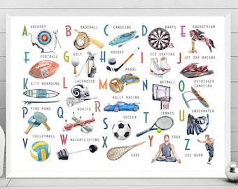 Abc Poster Sport, Alphabet  Wall Art, Boy Playroom, Nursery, Classroom decor,  Sport Watercolor Print