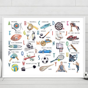 Abc Poster Sport, Alphabet  Wall Art, Boy Playroom, Nursery, Classroom decor,  Sport Watercolor Print
