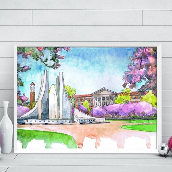 Purdue university Art Print, Watercolor Painting  graduation print, West Lafayette city skyline Indiana