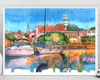Annapolis MD Art Print Watercolor Painting, Maryland Travel Poster, City Artwork