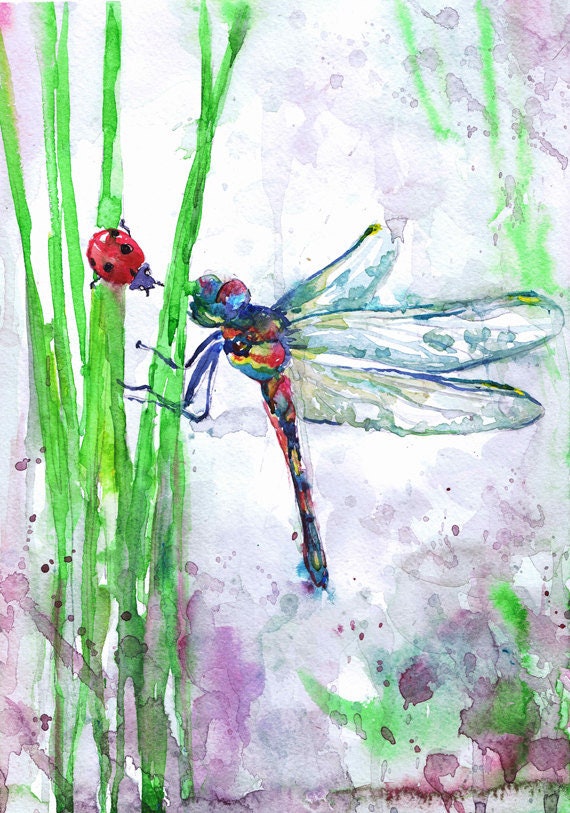 Dragonfly Art Insect Print Abstract Watercolor Flowers - Etsy