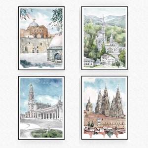 Conjunto de 4 impresiones de arte católico, pintura de acuarela de peregrinación a un lugar sagrado, póster de viaje a una ciudad europea, arte mural cristiano, regalos católicos