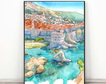 Dubrovnik Art Print, Croatia  Painting Watercolor Landscape, Master Bedroom Wall decor, Coastal, Travel poster