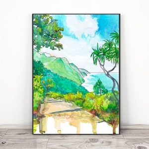 Kauai Art, Hawaii Wall Art Coastal, Beach Print Watercolor Painting, Seaside Kauai Trail - Travel Poster