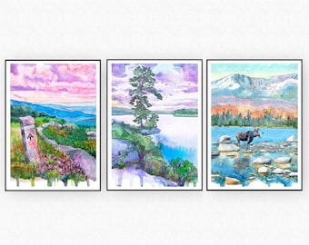 Appalachian trail art set of 3 prints, Blue Ridge Mountain Wall Art,  Watercolor Landscape Painting