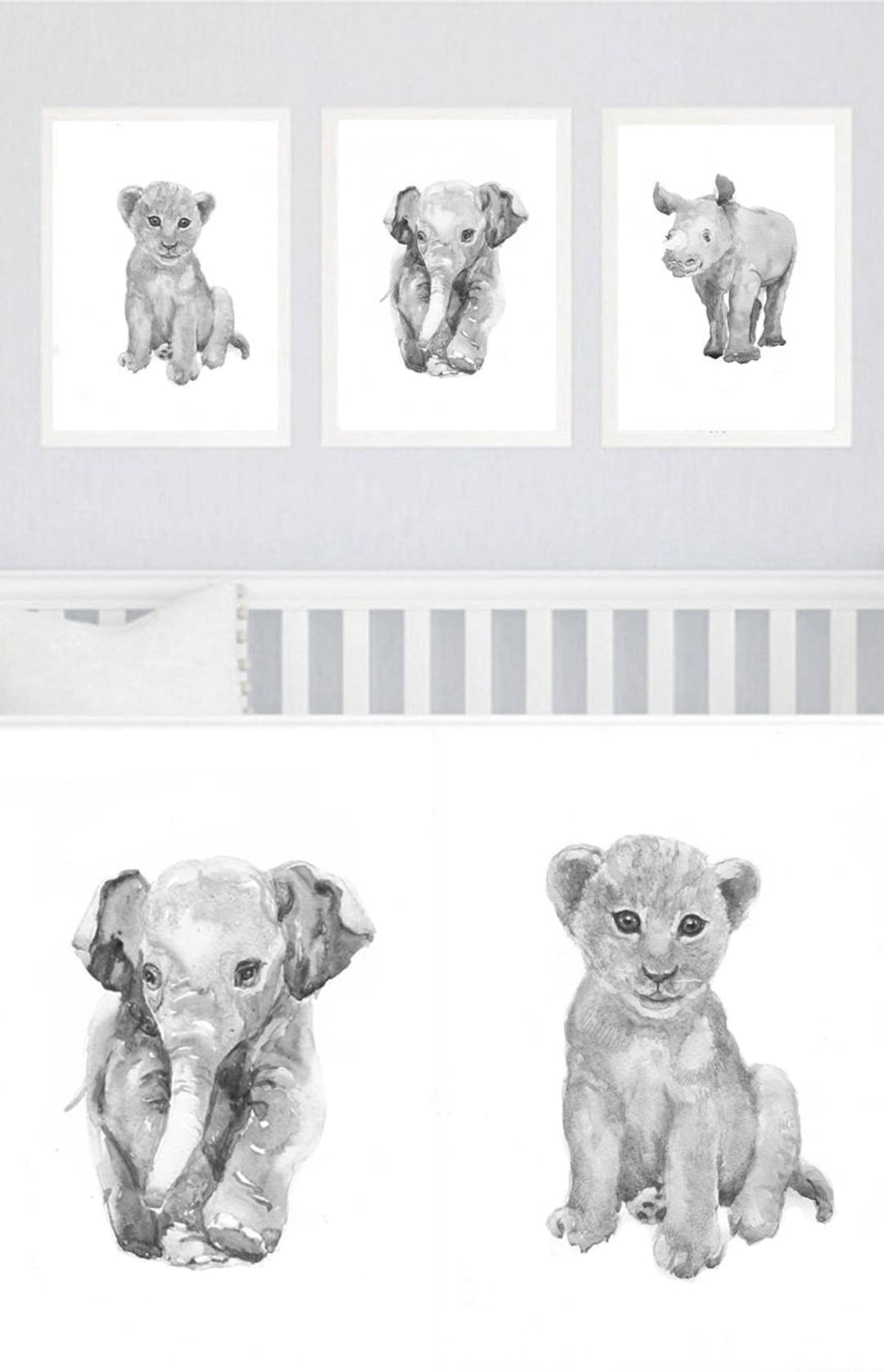 Gender Neutral Nursery Wall Decor, Set of 3 Prints, Gray Safari Animals Watercolor Painting Etsy
